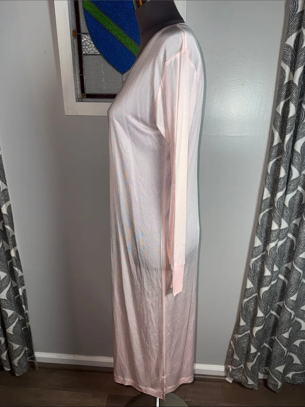 WinterSilks Light Pink 100% Silk Long Sleeve V-Neck Maxi Nightgown / Loungewear